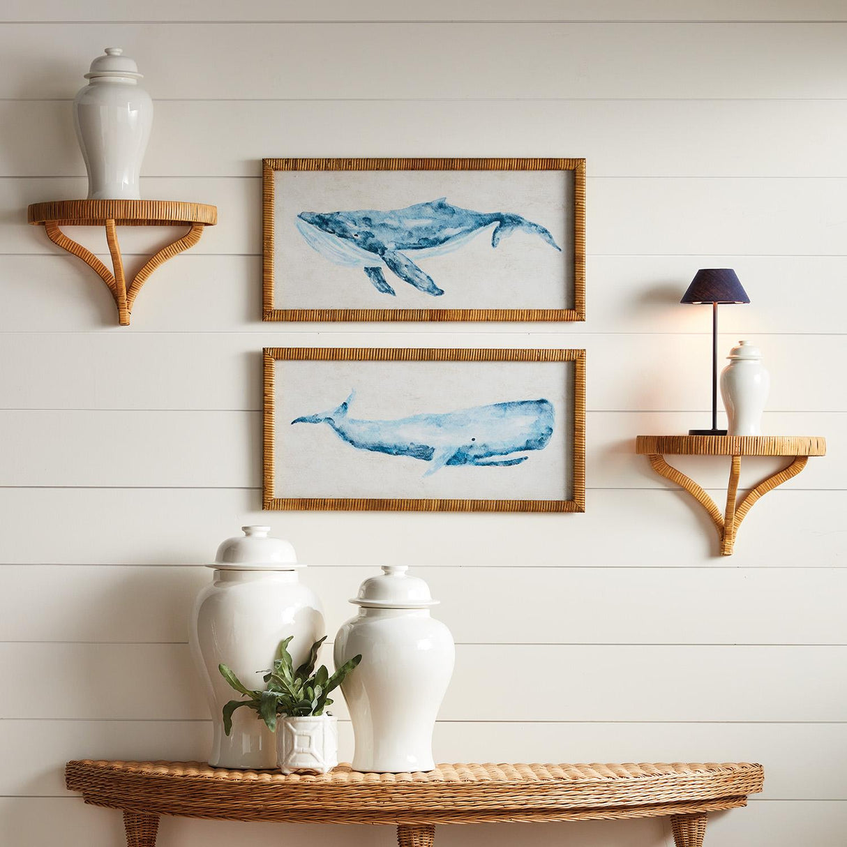 Napa Rattan wrapped frame WHALE OF A PAIR PRINTS, SET OF 2