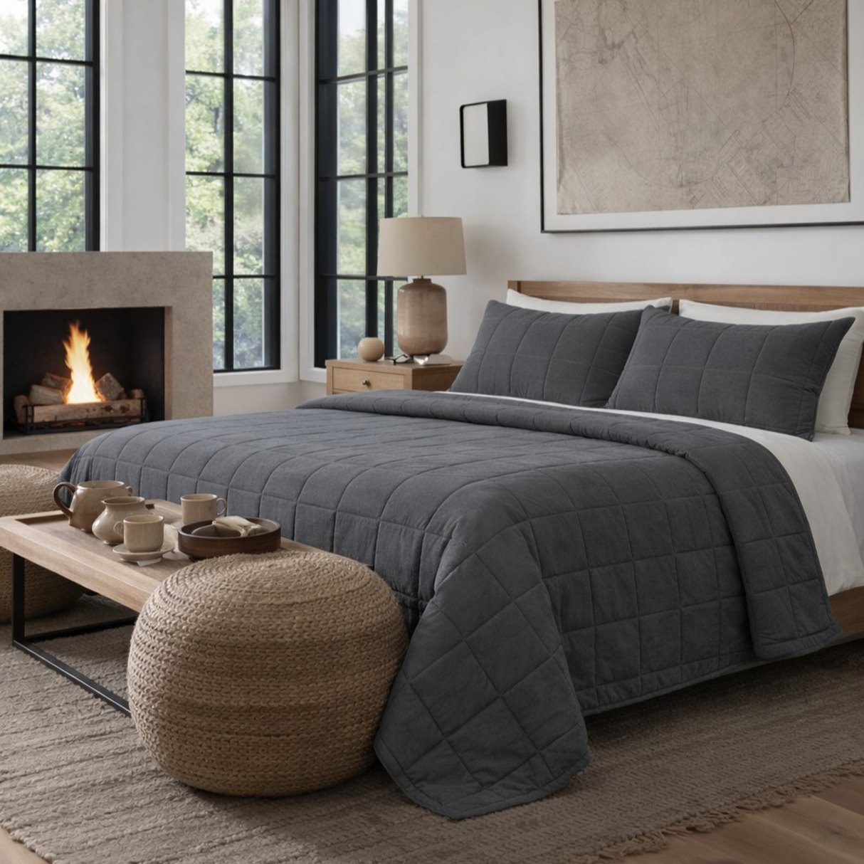 Ann Gish Charcoal Twin Cotton Canvas Coverlet Set