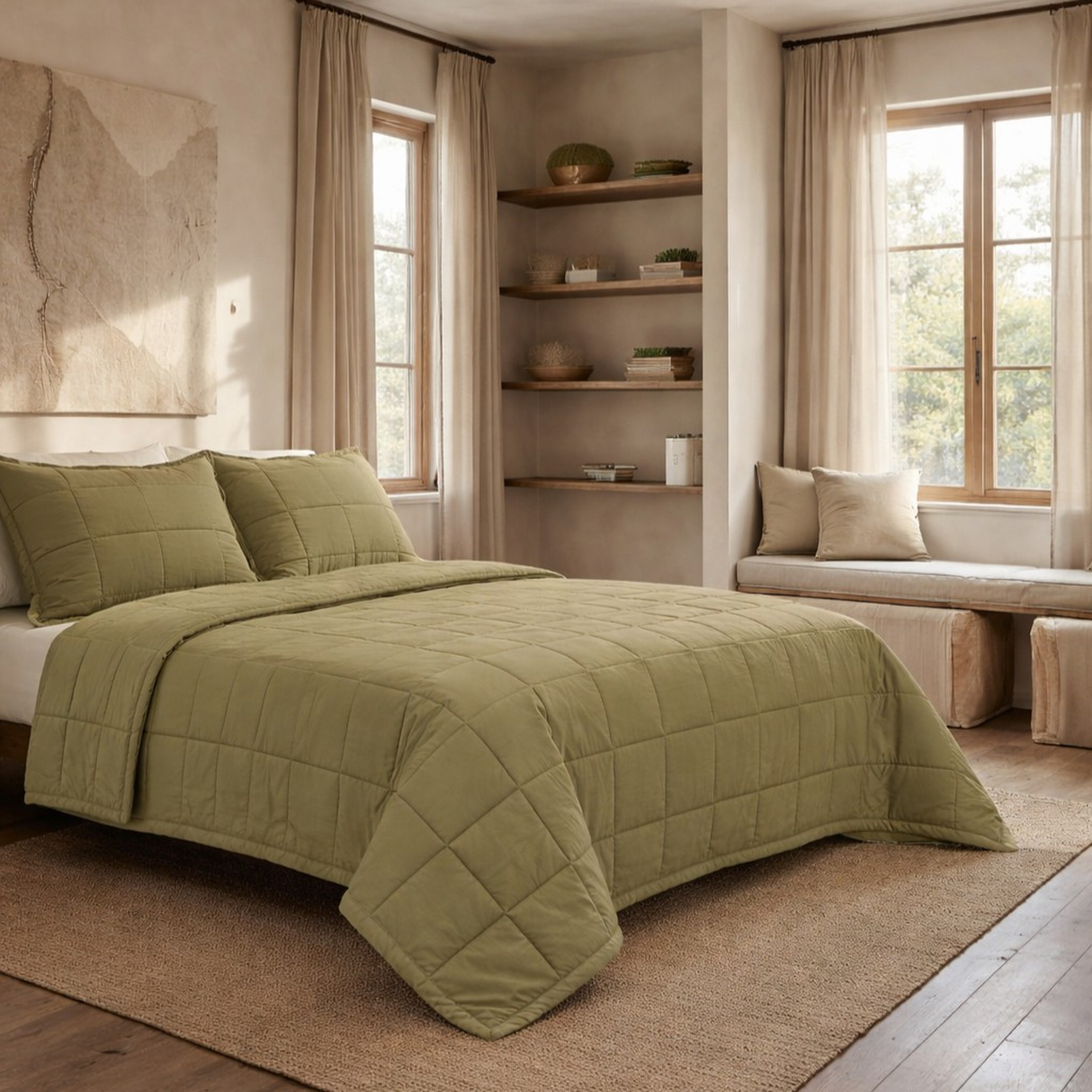 Ann Gish Olive Queen Slub Tencel Coverlet Set