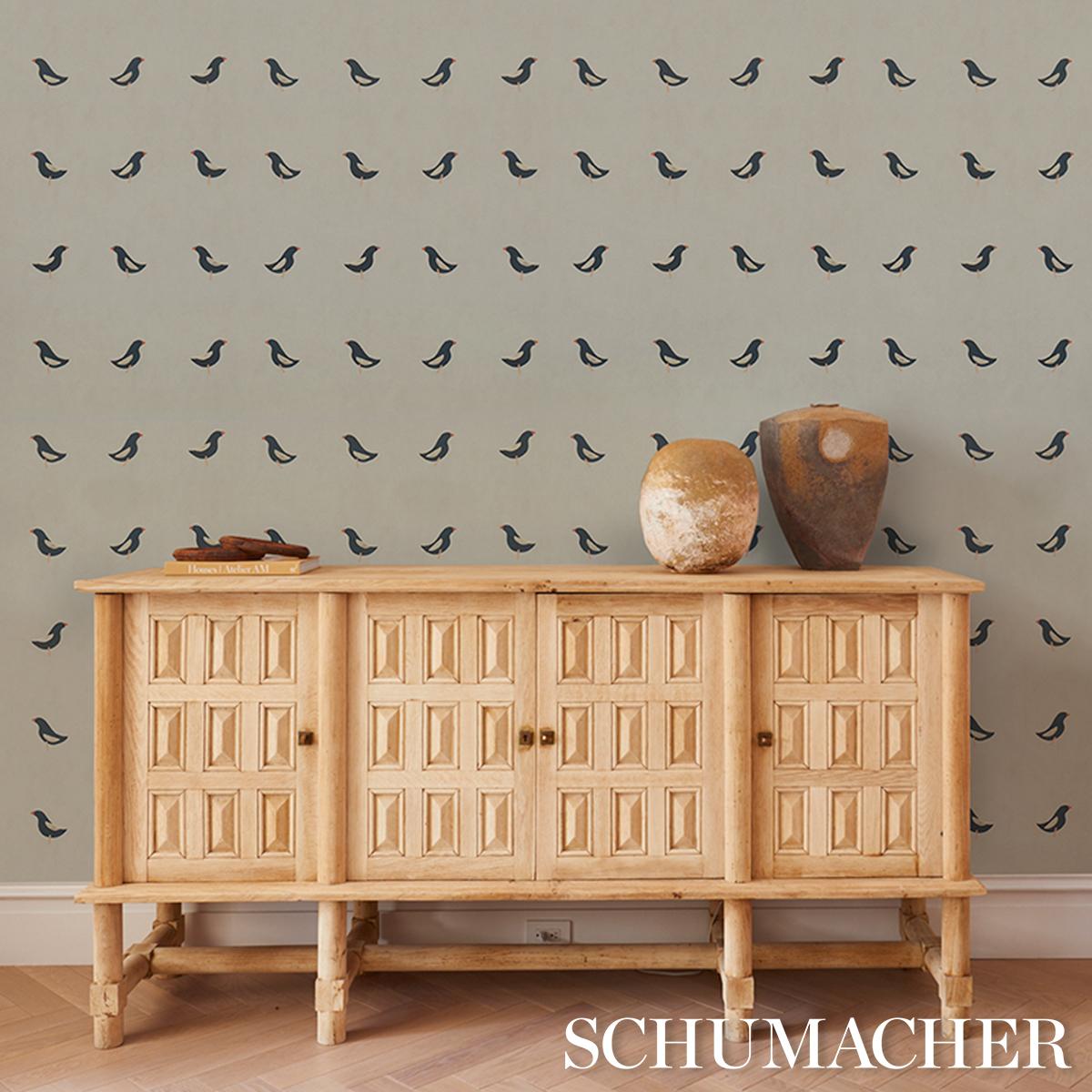 Schumacher Birds Print Black On Natural Wallpaper