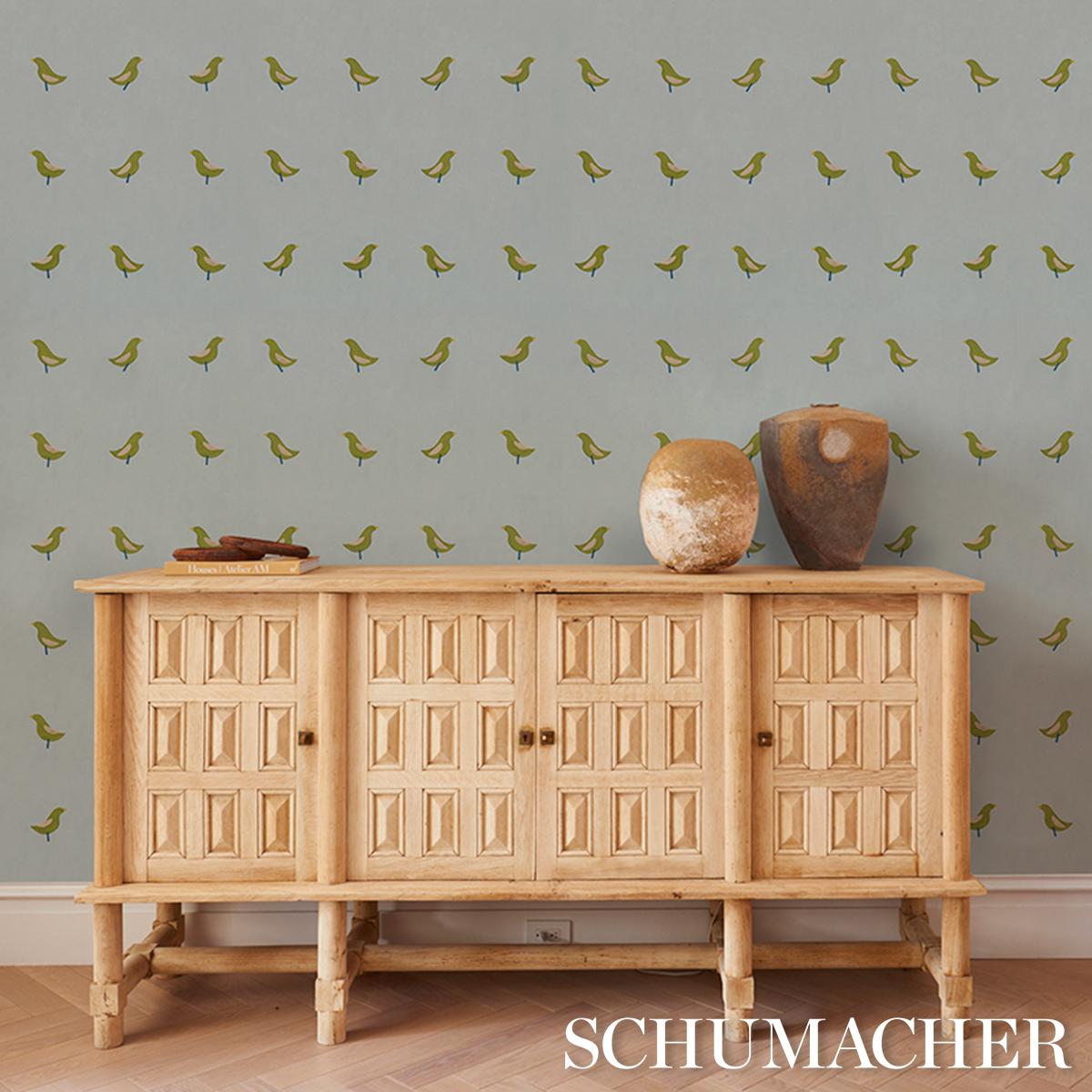 Schumacher Birds Print Green On Sky Wallpaper