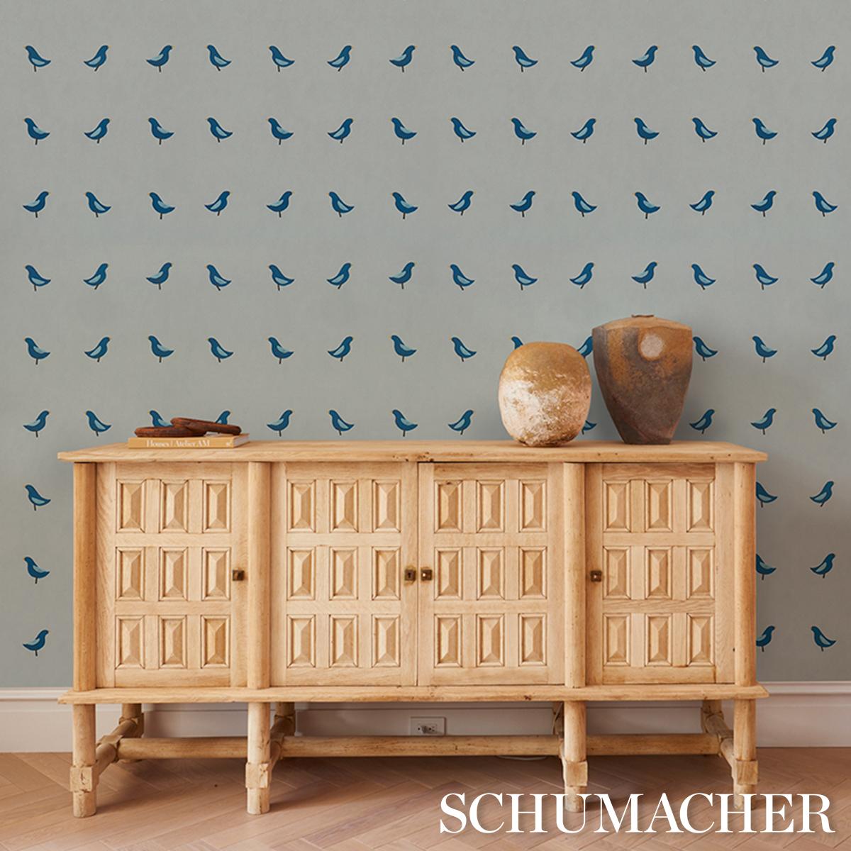 Schumacher Birds Print Navy On Sky Wallpaper