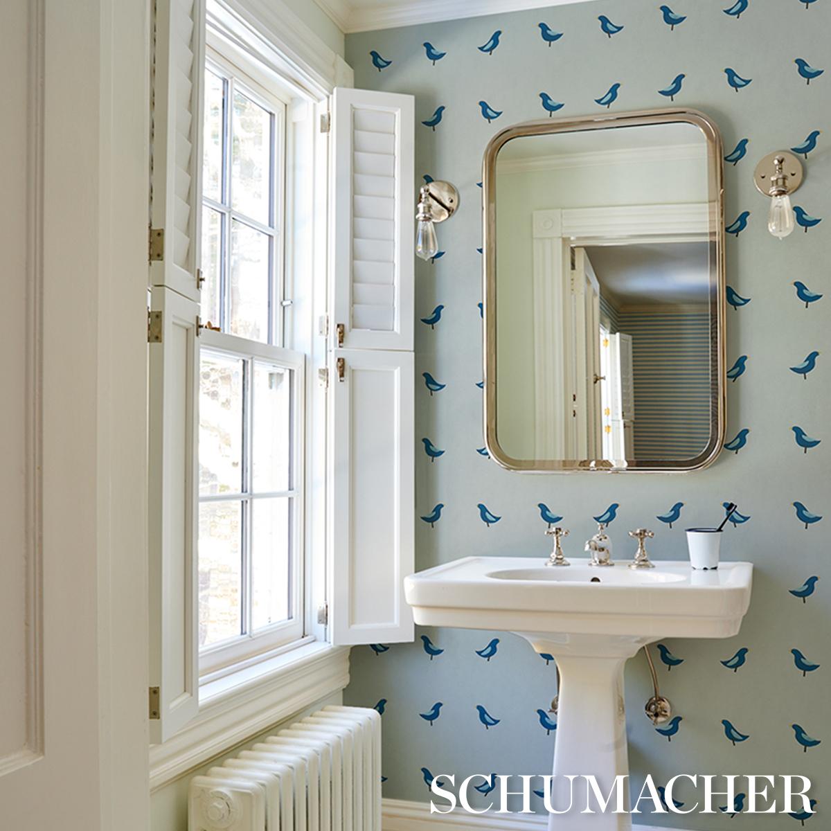 Schumacher Birds Print Navy On Sky Wallpaper