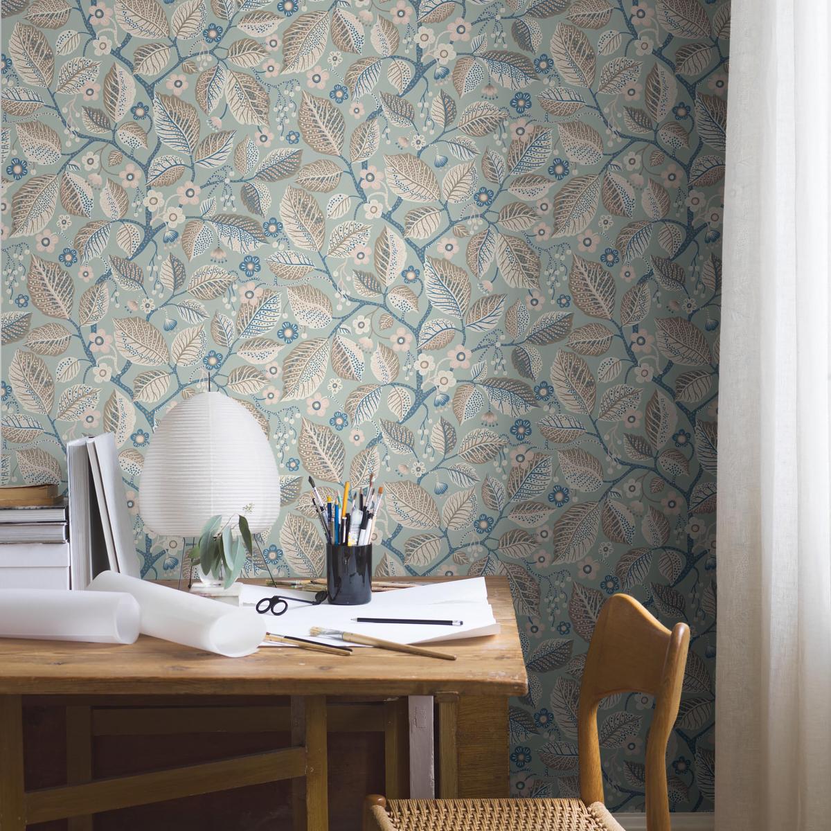 Schumacher Elm Tree Blue And Pink Wallpaper
