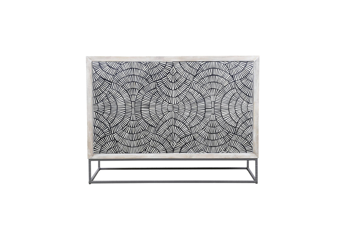 Bassett White Wash with Wirebrush, Zinc Iron Base Magnolia Bar Cabinet