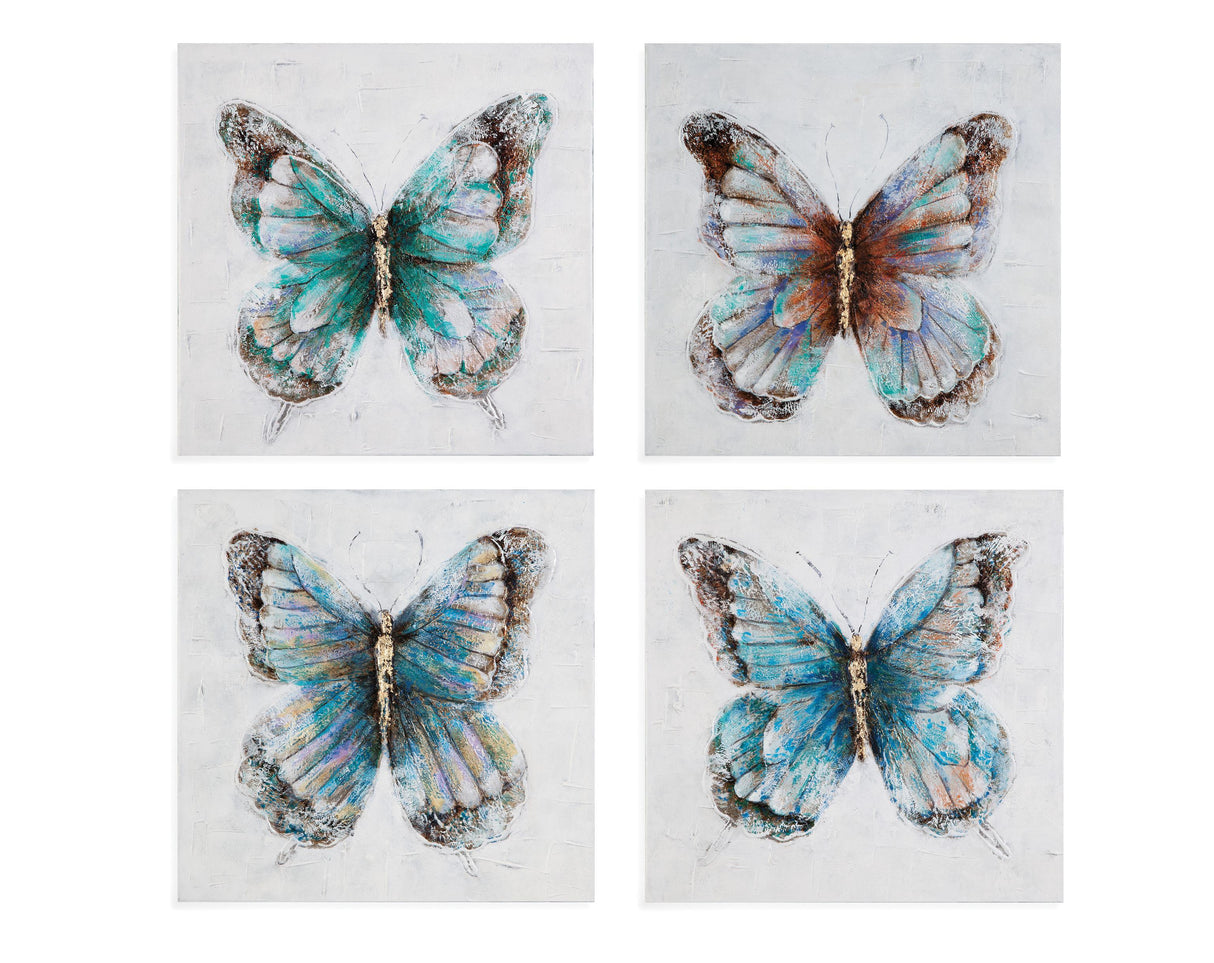 Bassett Blue Metallic Butterflies Framed Canvas Set of 4
