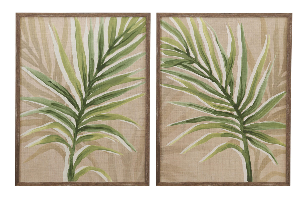 Bassett Green, Tan, Off White, Brown Frame Burlap Palm Frond Framed Print s/2