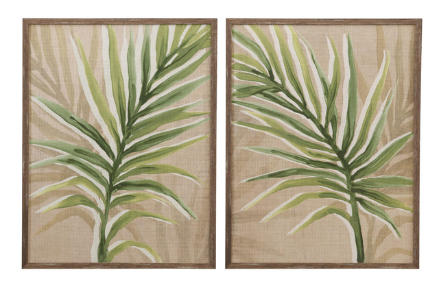 Bassett Green, Tan, Off White, Brown Frame Burlap Palm Frond Framed Print s/2