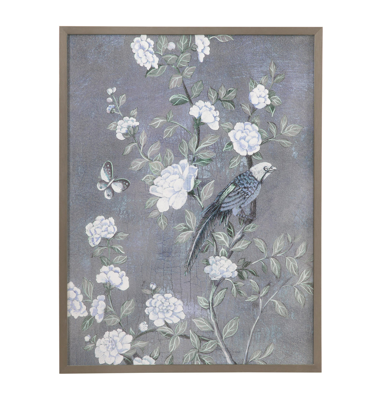 Bassett Blue-Gray, White, Soft Green, Pewter Frame Birds & Blooms I Framed Print