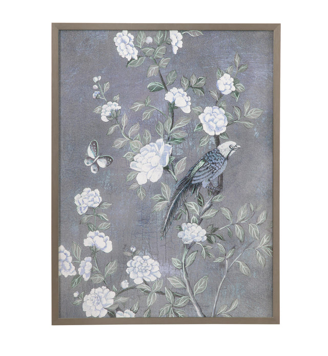 Bassett Blue-Gray, White, Soft Green, Pewter Frame Birds & Blooms I Framed Print