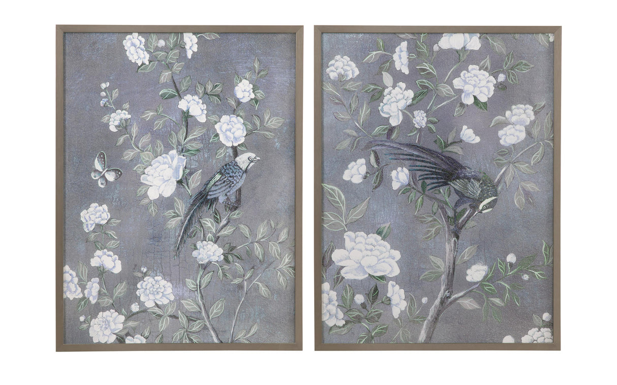 Bassett Blue-Gray, White, Soft Green, Pewter Frame Birds & Blooms I Framed Print