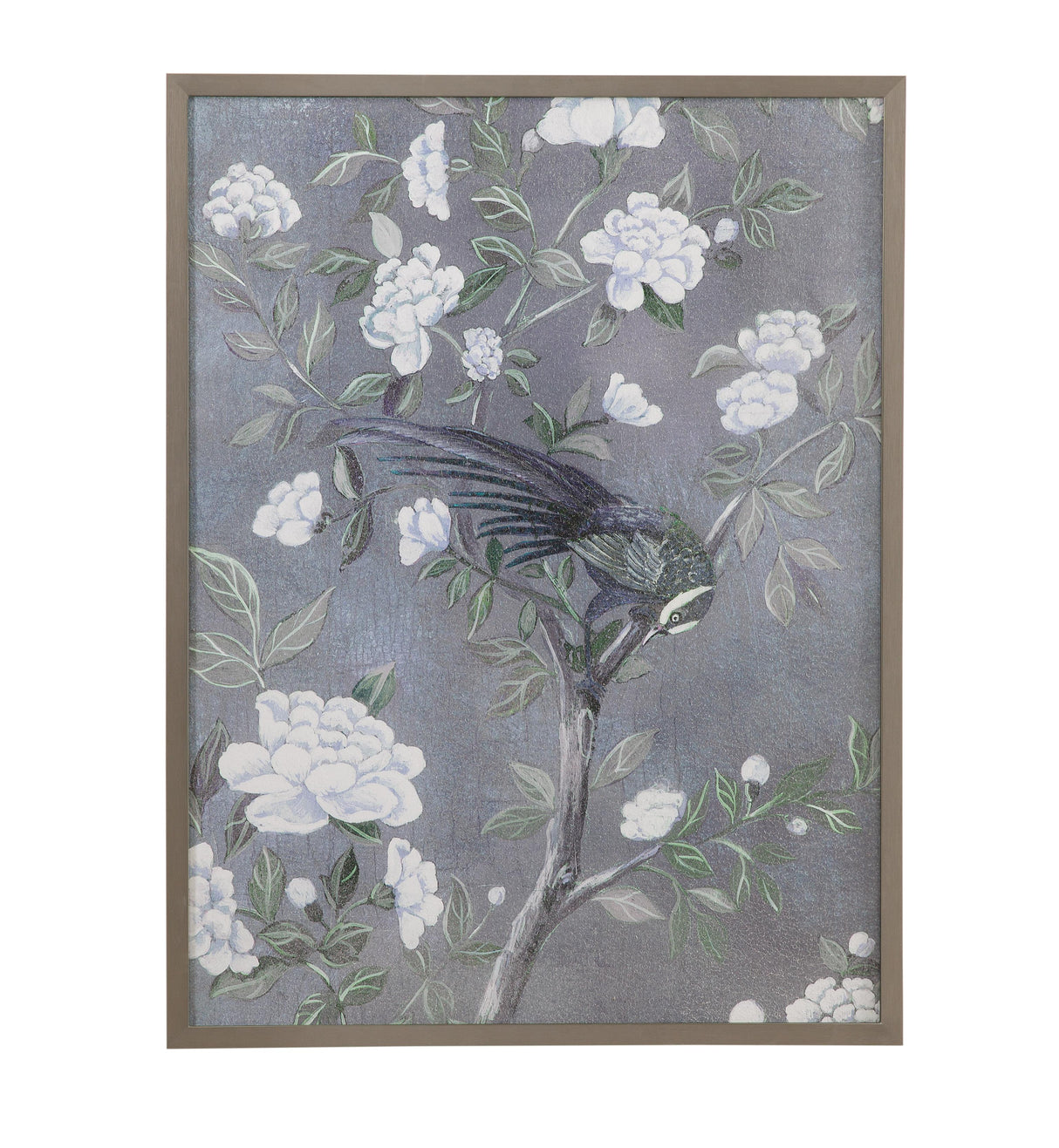 Bassett Blue-Gray, White, Soft Green, Pewter Frame Birds & Blooms II Framed Print