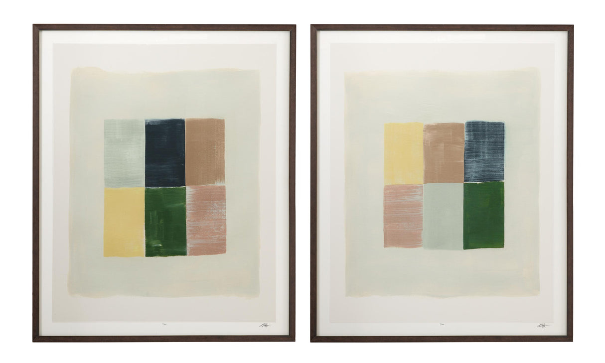 Bassett Mauve, Green, Yellow, Navy, Walnut Frame Sunny Patchwork Framed Print s/2