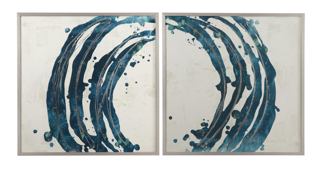 Bassett Rich Teal Blue, Silver Frame Embellished Blue Circle Framed Print s/2
