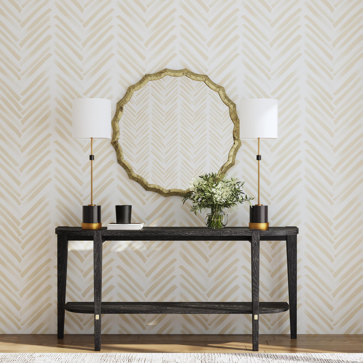 Bassett Black/White wax/Gold Bars Whitfield Console Table
