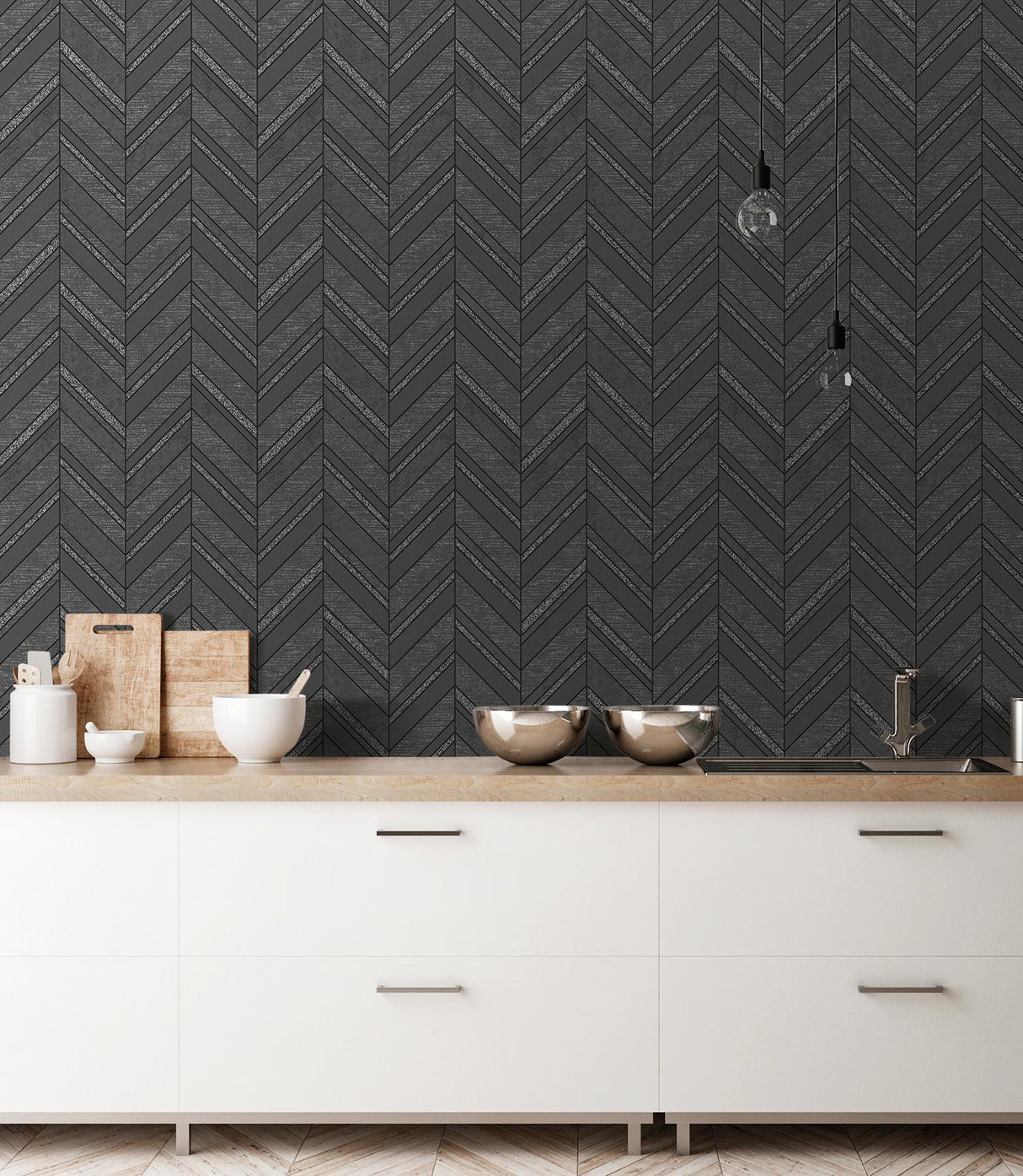 Advantage Punta Mita Charcoal Chevron Wallpaper