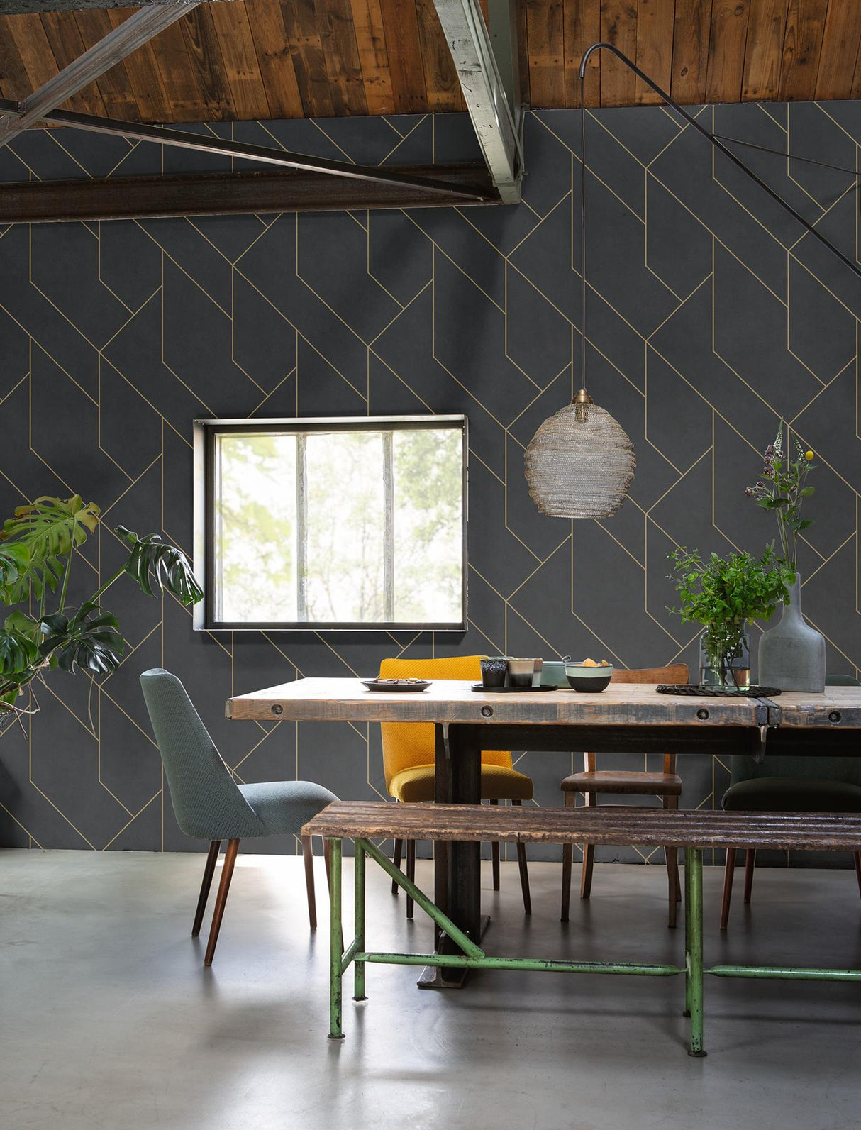 Advantage Pollock Black Gilded Geometric Wallpaper