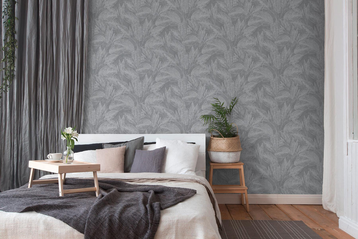 Advantage Suki Grey Leaves Wallpaper