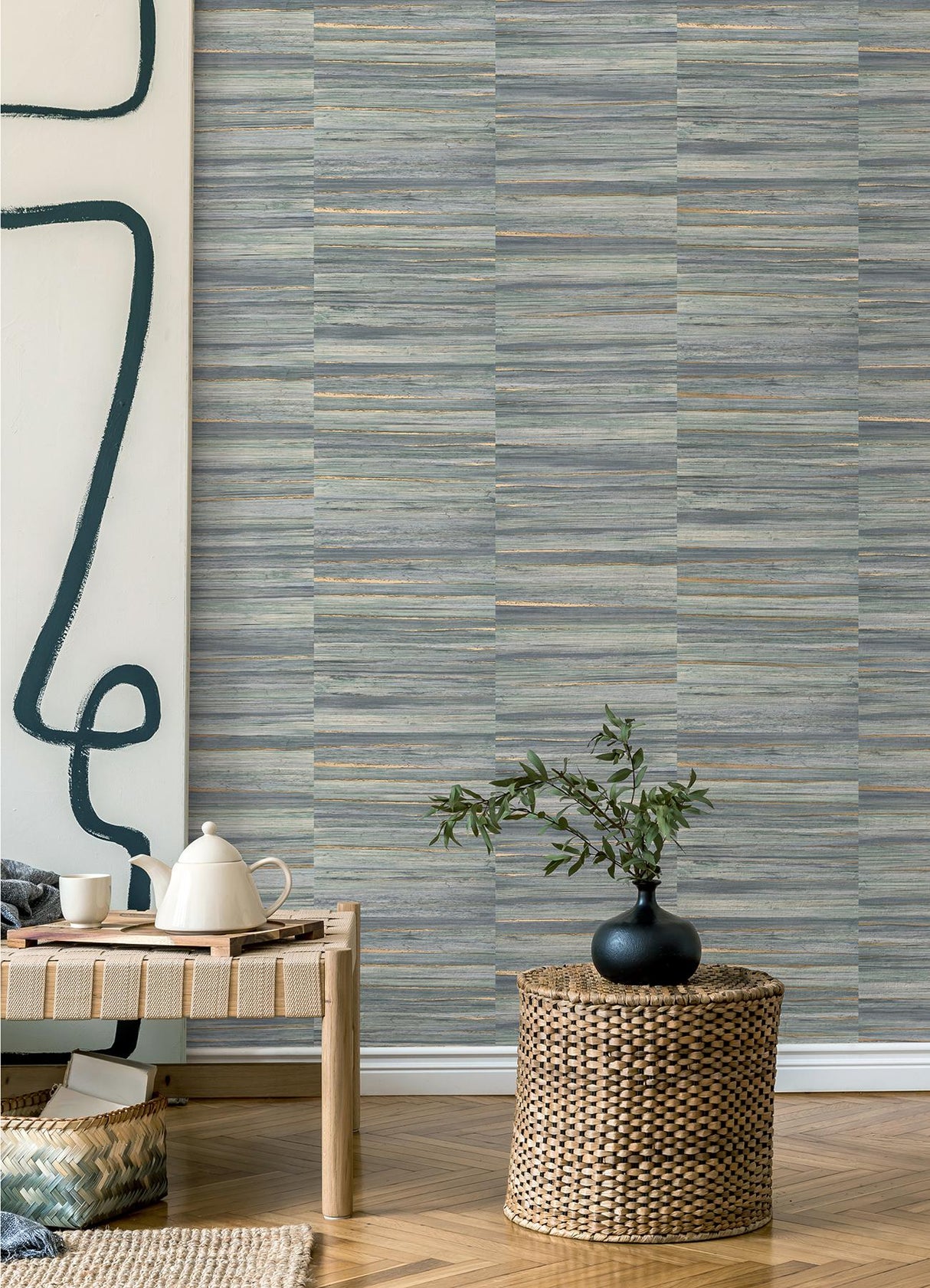 Advantage Rowan Blue Faux Grasscloth Wallpaper