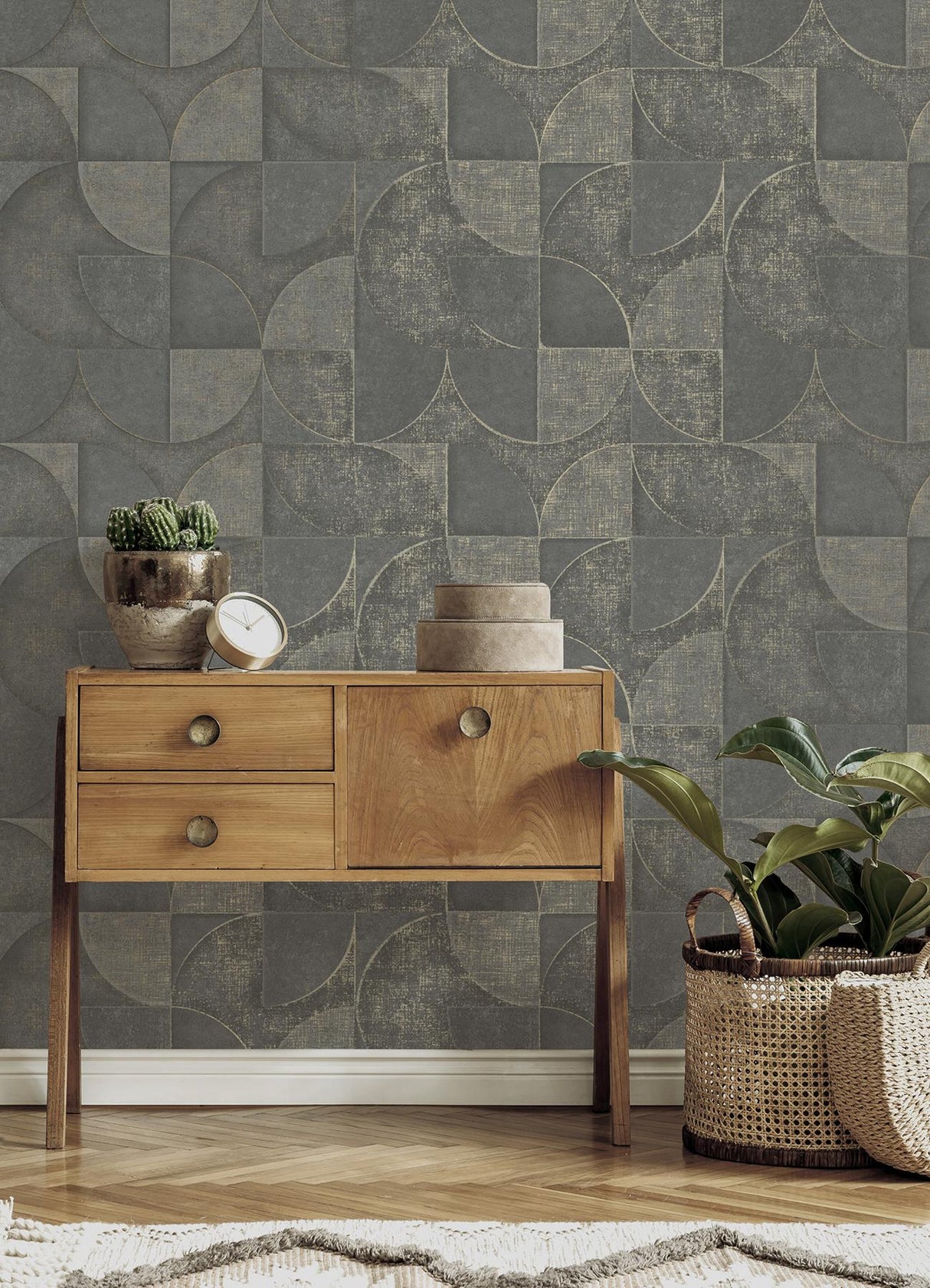 Advantage Addison Charcoal Retro Geo Wallpaper