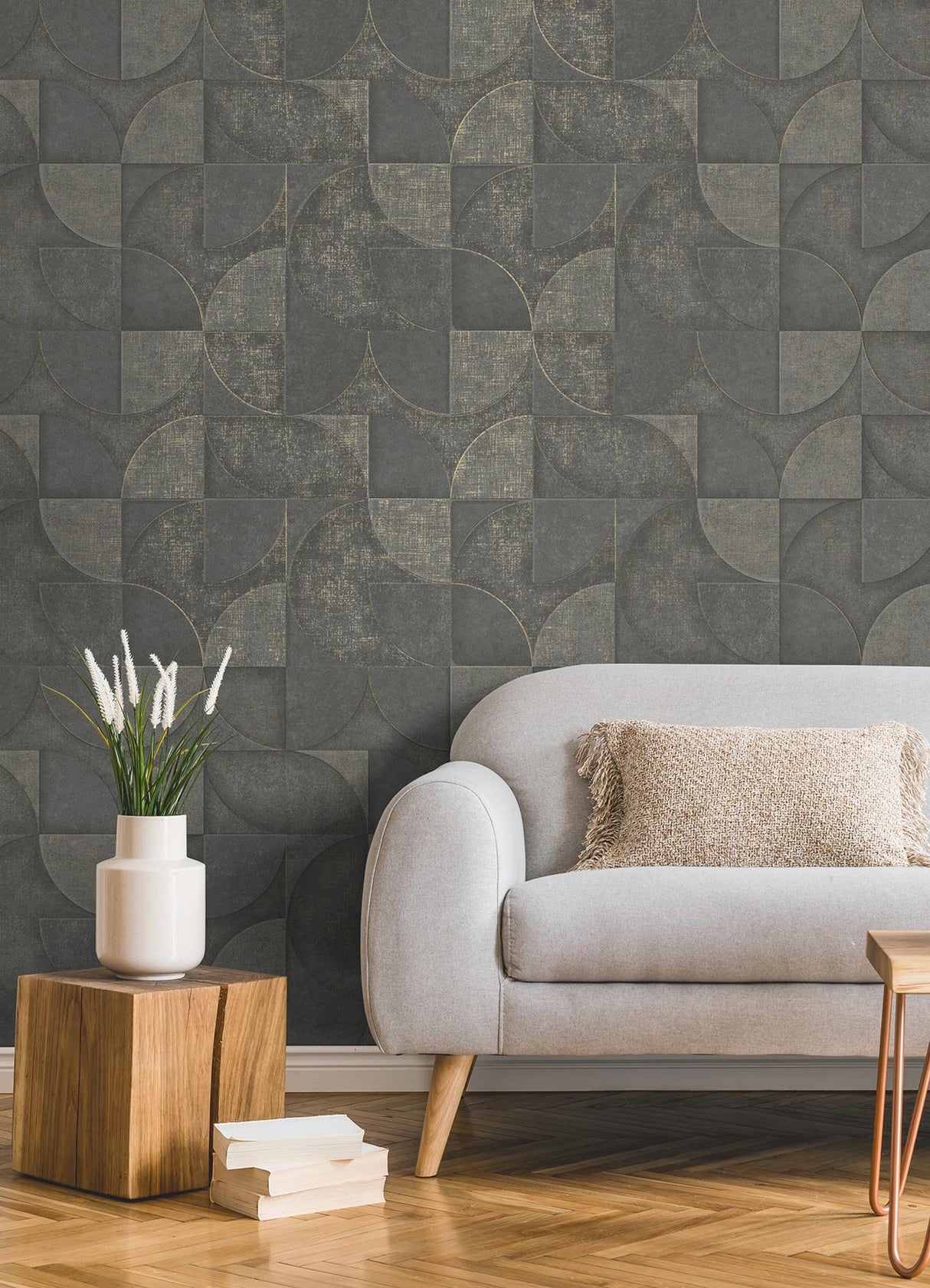 Advantage Addison Charcoal Retro Geo Wallpaper