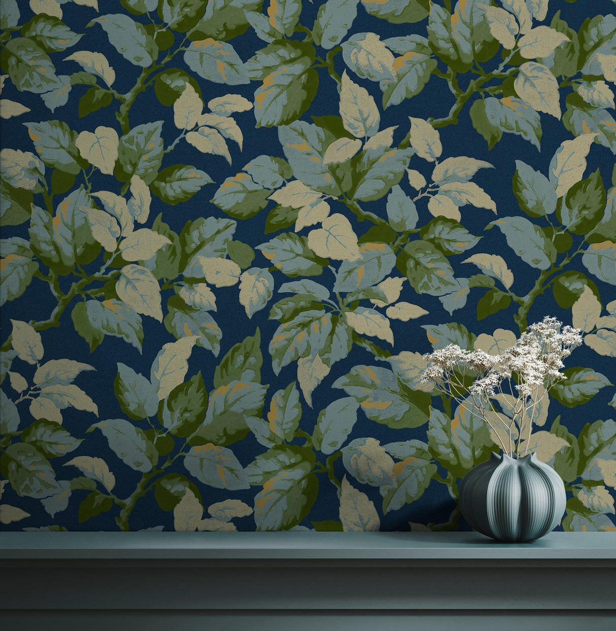 Advantage Canopy Navy Leaf Wallpaper