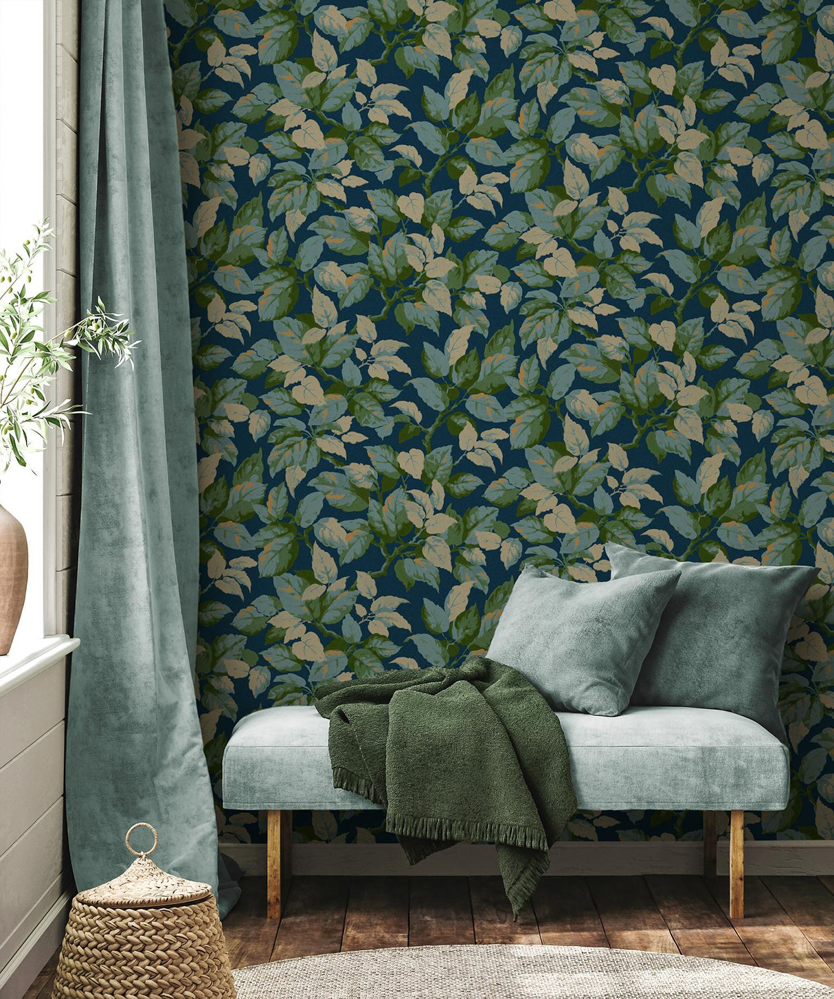 Advantage Canopy Navy Leaf Wallpaper