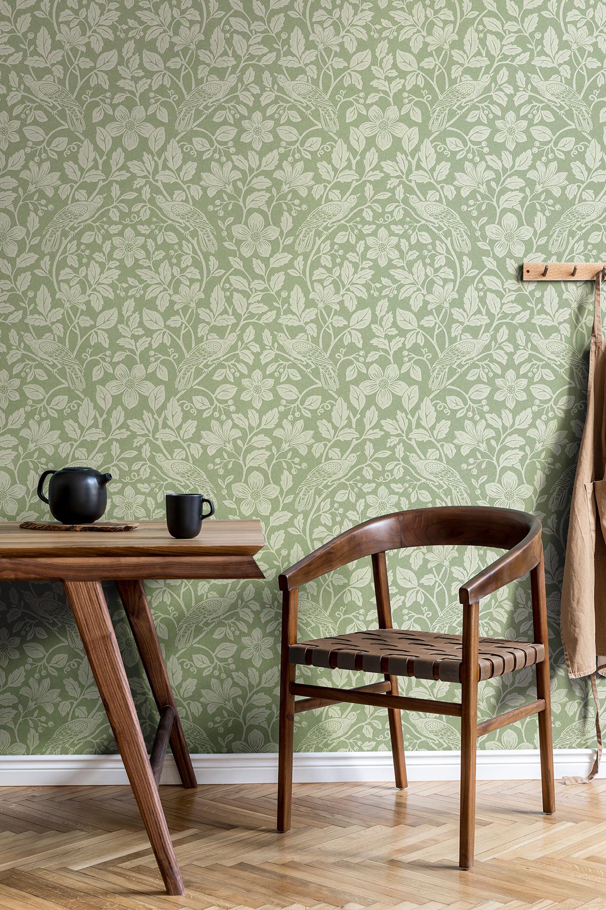 Advantage Marlow Green Bird Vine Wallpaper