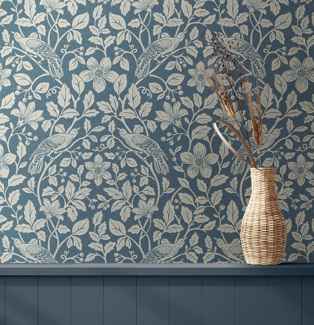 Advantage Marlow Dark Blue Bird Vine Wallpaper