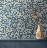 Advantage Marlow Dark Blue Bird Vine Wallpaper