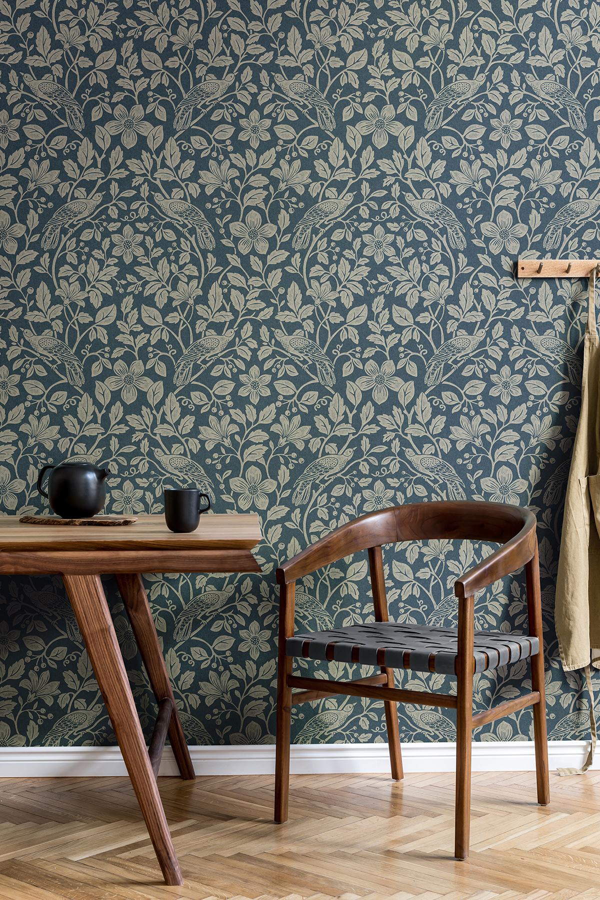 Advantage Marlow Dark Blue Bird Vine Wallpaper