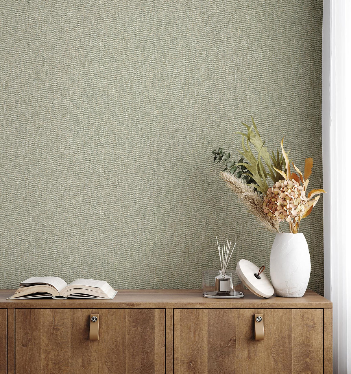 Advantage Herringbone Green Tweed Wallpaper