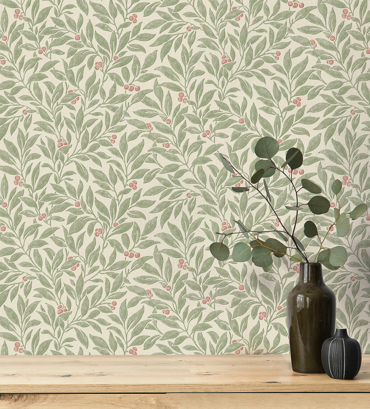 Advantage Winter Berry Green Vine Wallpaper