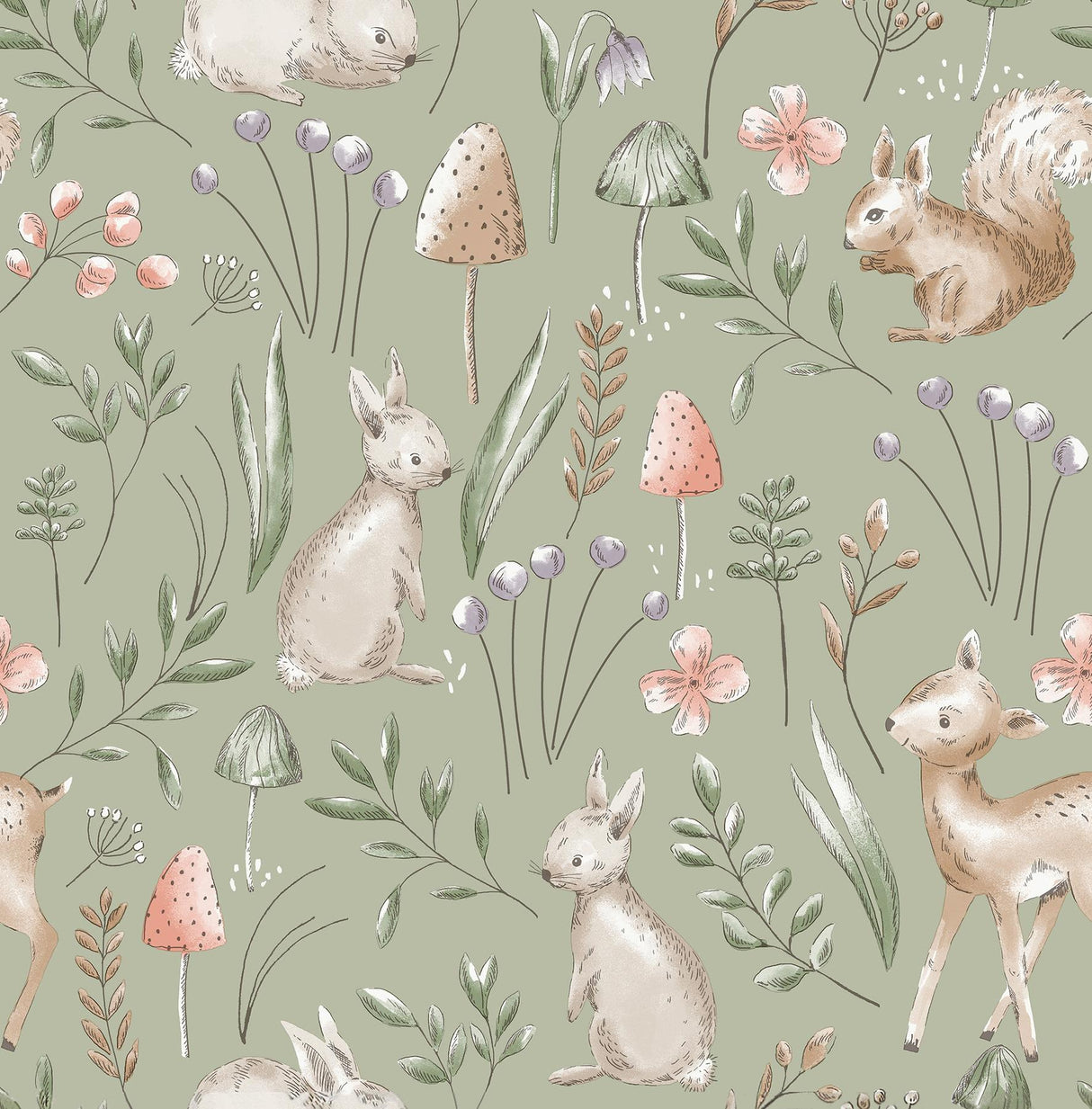 Advantage Forest Animals Sage Whimsical Wallpaper