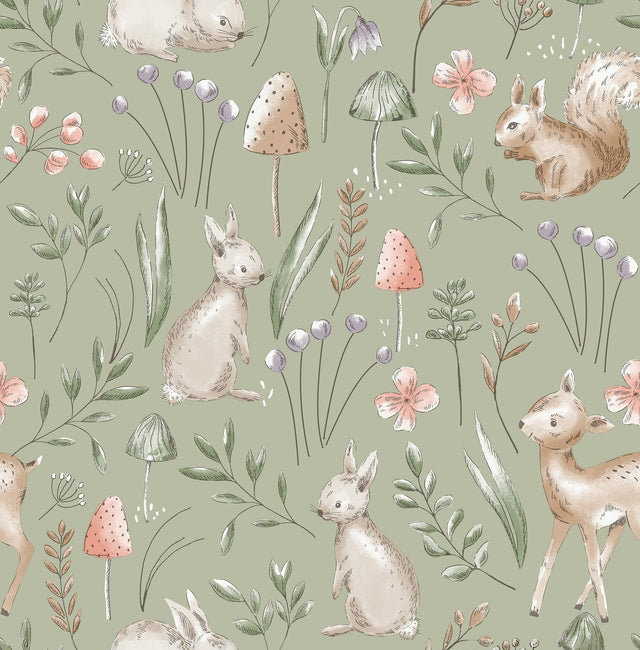 Advantage Forest Animals Sage Whimsical Wallpaper