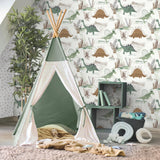 Advantage Prehistoric Dino Green Whimsical Wallpaper