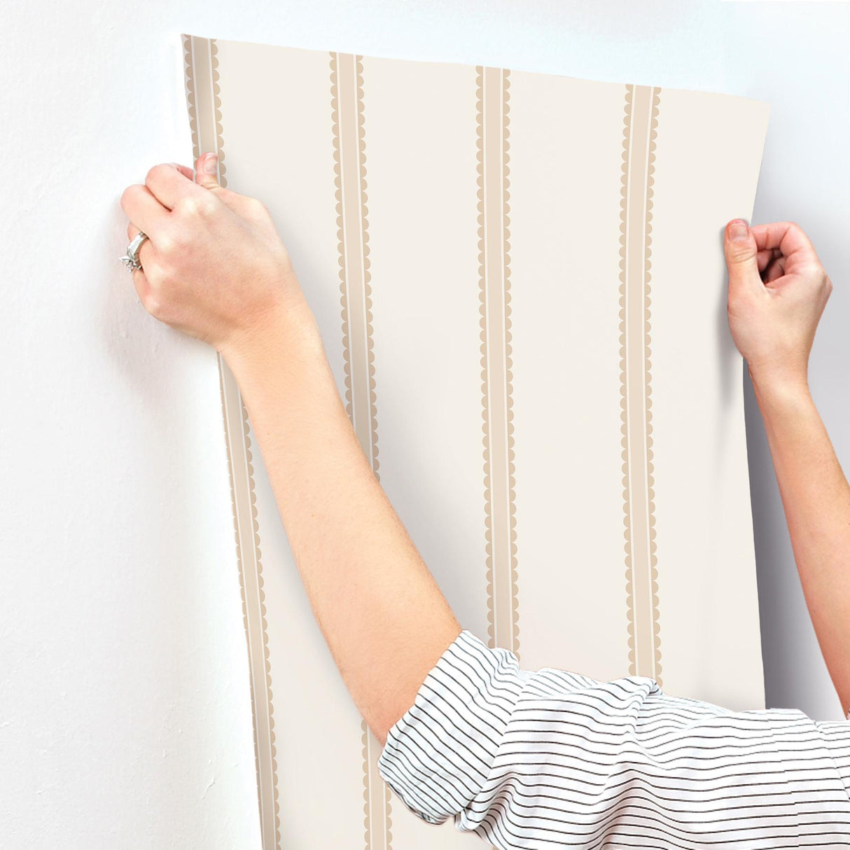 Advantage Bobbin Stripe Light Brown Scalloped Wallpaper