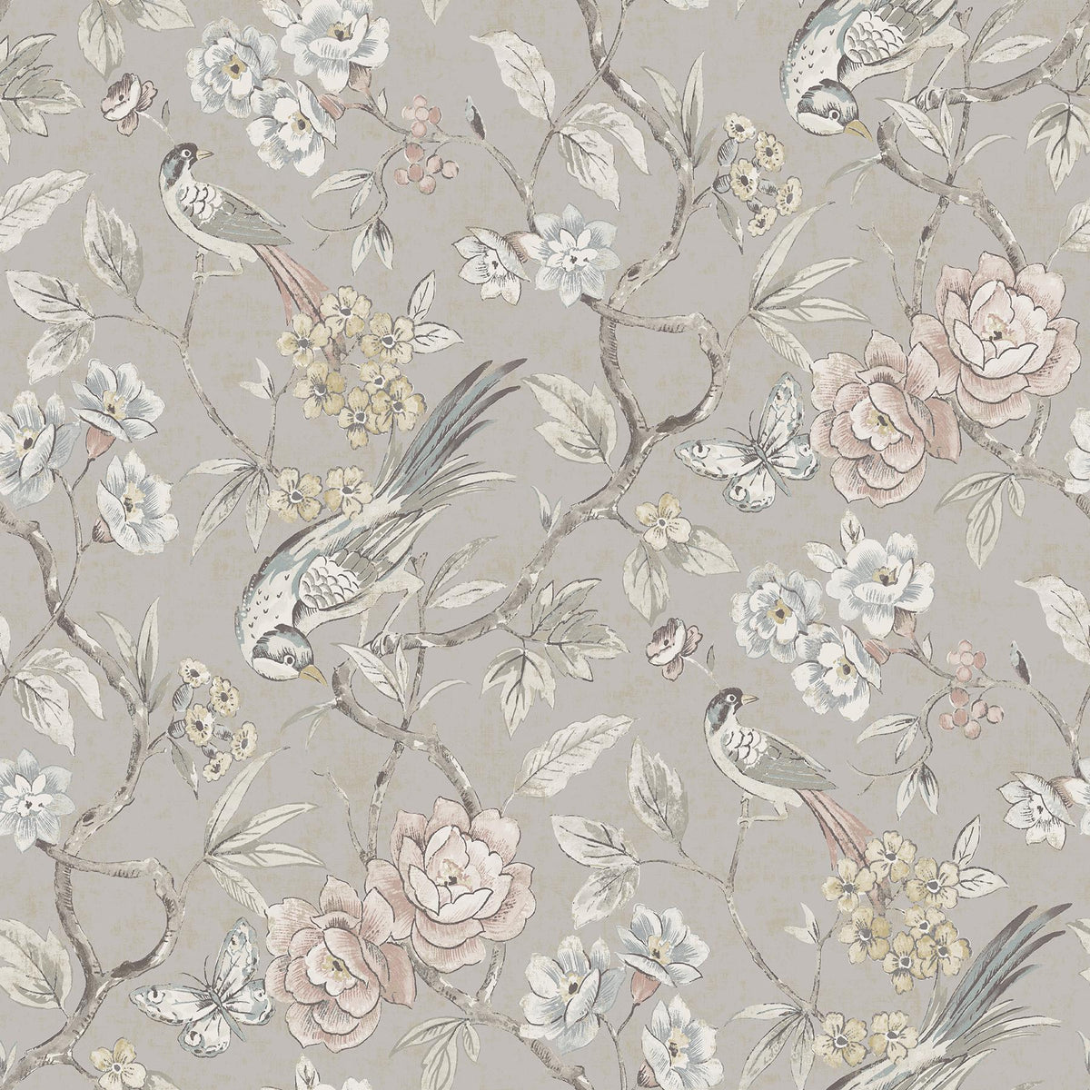 Waverly Aviary Garden Grey Peel and Stick Wallpaper