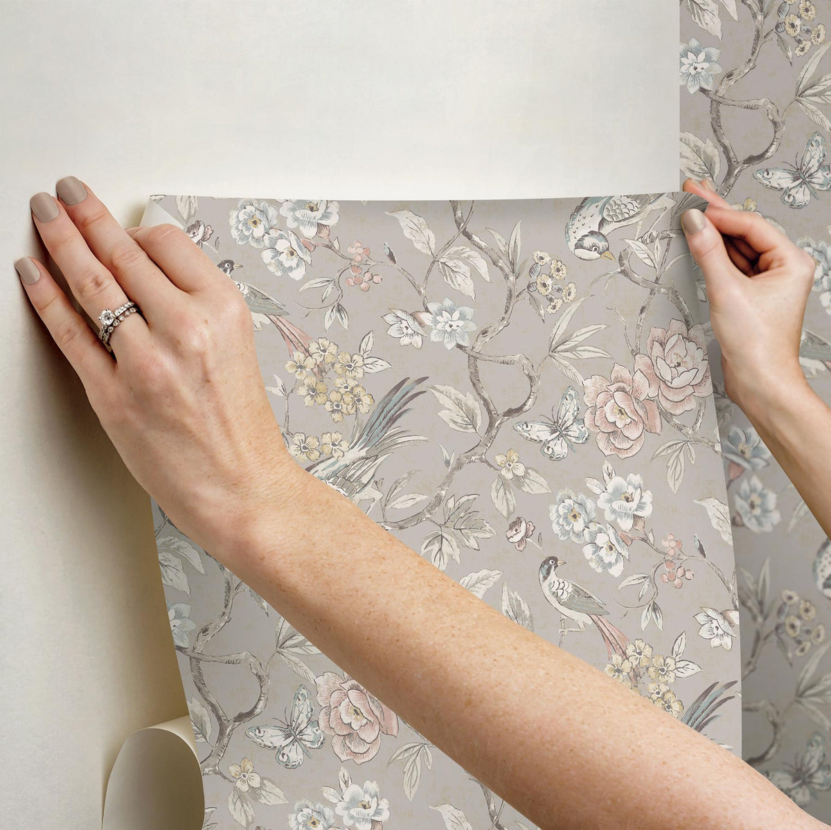 Waverly Aviary Garden Grey Peel and Stick Wallpaper