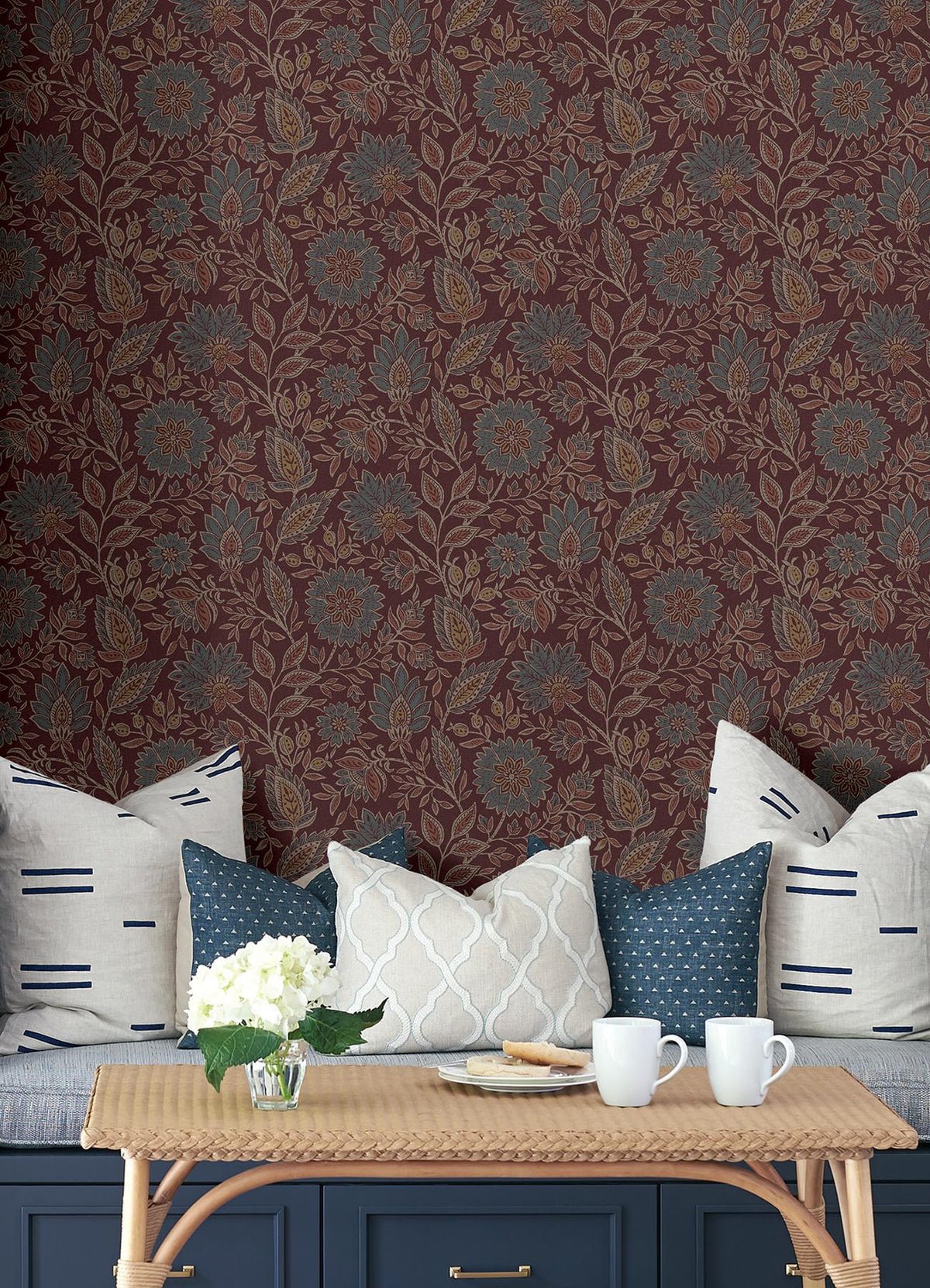 Waverly Indira Aster Maroon Peel and Stick Wallpaper