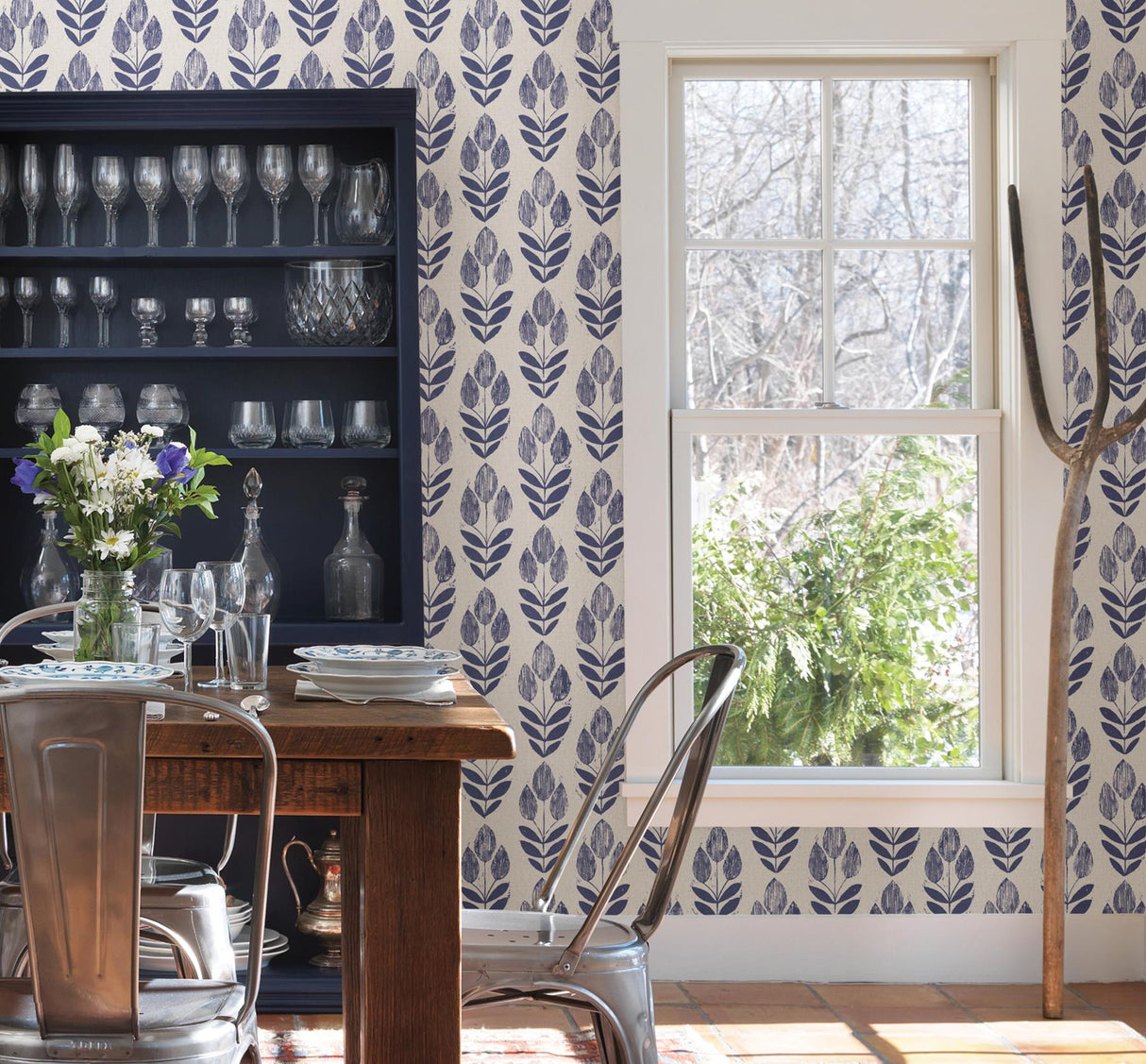 York Scandinavian Blue Block Print Tulip Wallpaper