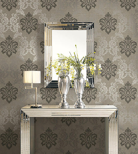 York Adela Light Brown Twill Damask Wallpaper