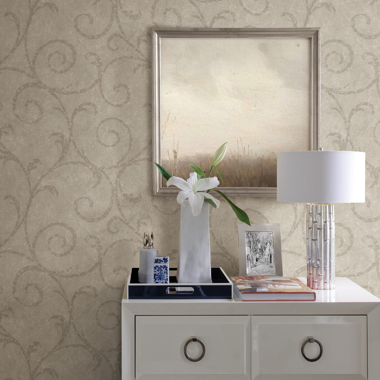 York Sansa Khaki Plaster Scroll Wallpaper