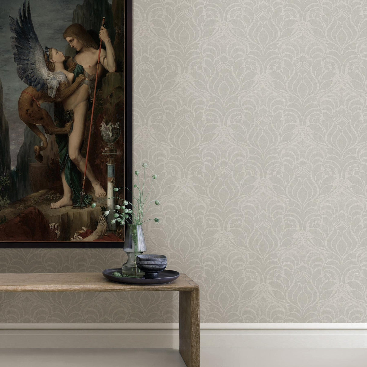 York Sandor Grey Damask Wallpaper