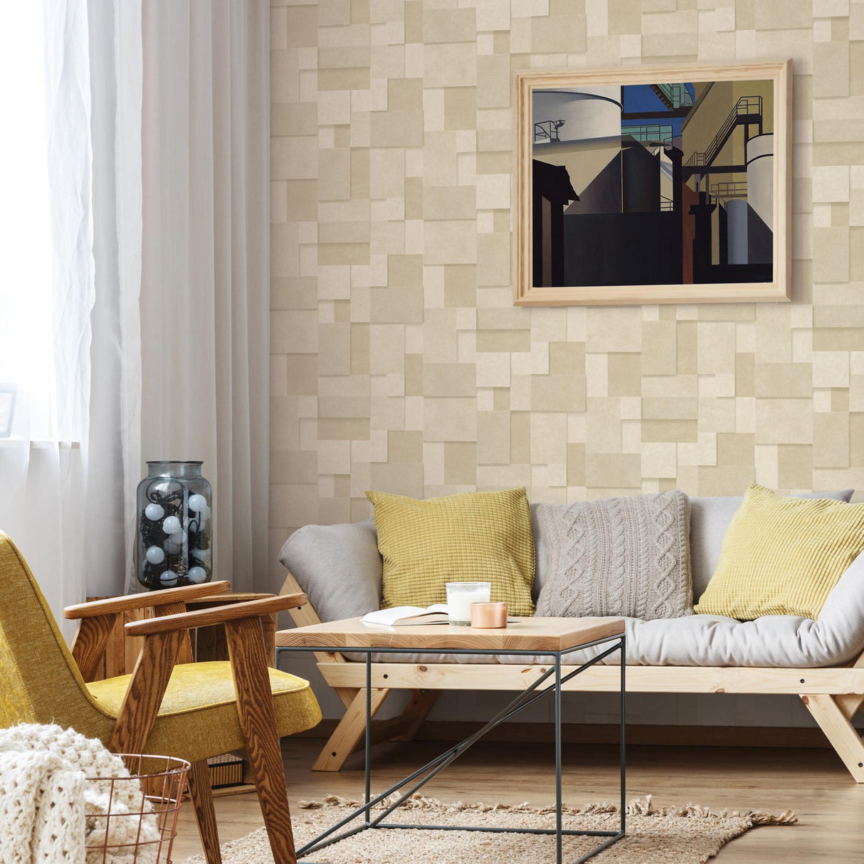 York Duchamp Wheat Patchwork Metallic Wallpaper
