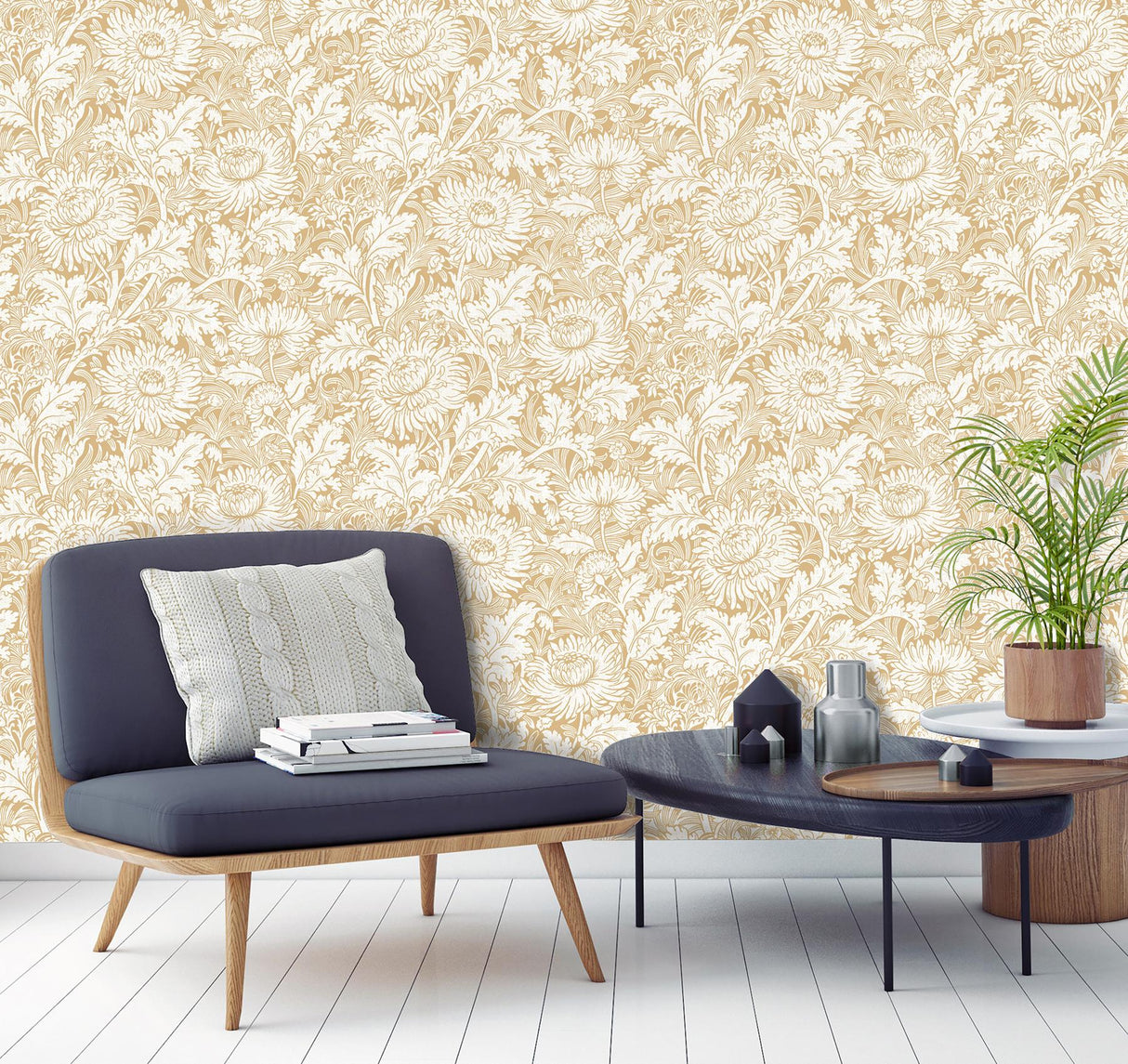 York Zinnia Mustard Floral Wallpaper