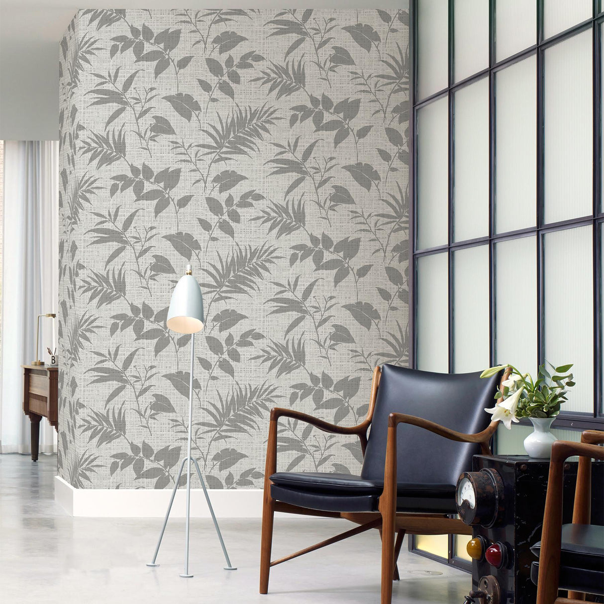 York Chandler Light Grey Botanical Faux Grasscloth Wallpaper