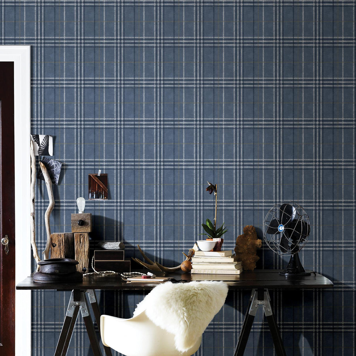 York Rockefeller Navy Plaid Wallpaper