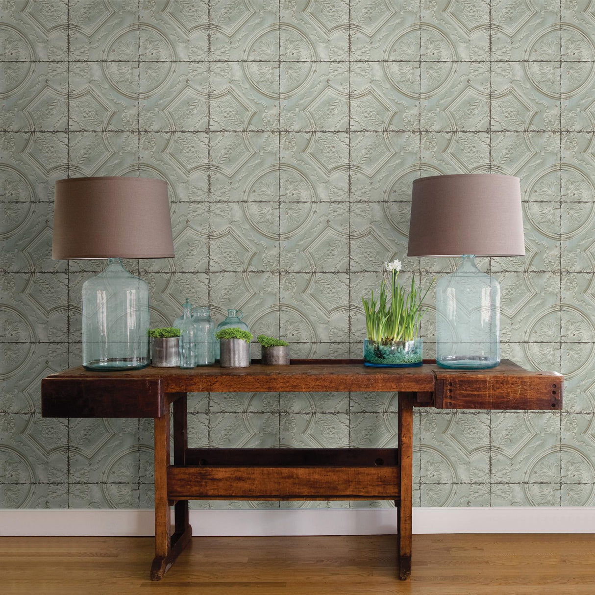 York Susanna Teal Vintage Tin Tile Wallpaper