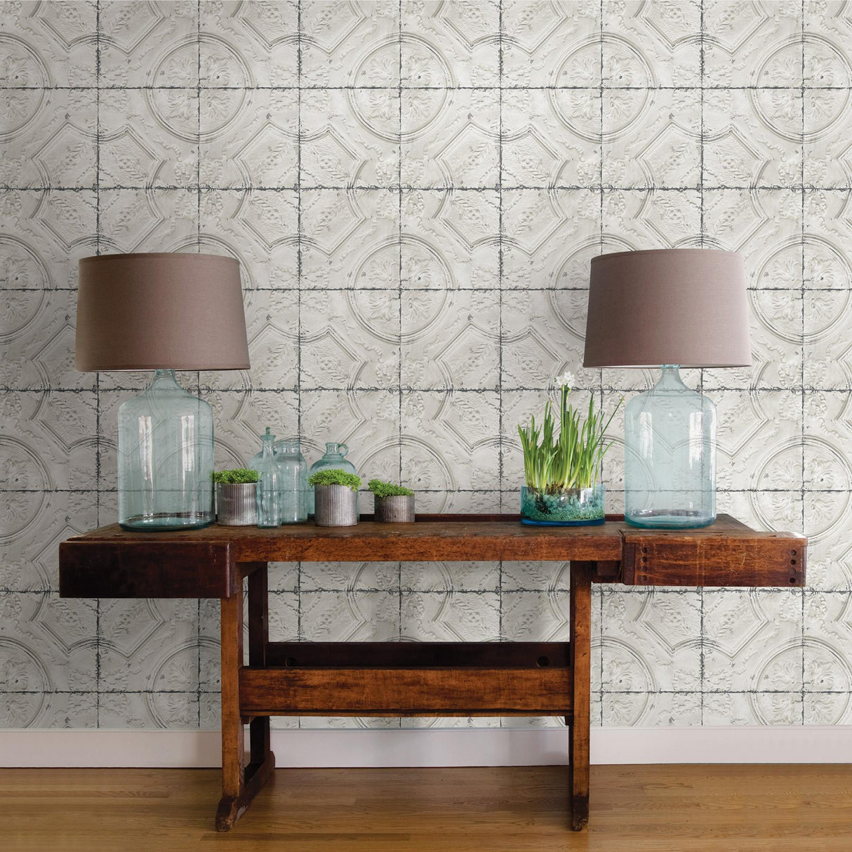 York Susanna Off-White Vintage Tin Tile Wallpaper